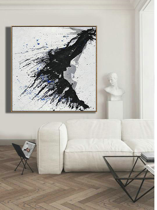 Handmade Large Contemporary Art,Minimalist Drip Painting On Canvas, Black, White, Grey, Blue - Modern Art Abstract Painting